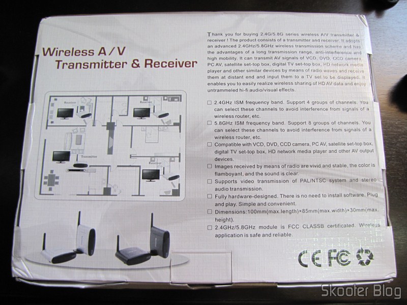 Parte traseira da caixa do Transmissor/Receptor A/V Sem Fio com Extensor de Controle Remoto 5.8GHz Pakite PAT-530 Parte traseira da caixa do Transmissor/Receptor A/V Sem Fio com Extensor de Controle Remoto 5.8GHz Pakite PAT-530