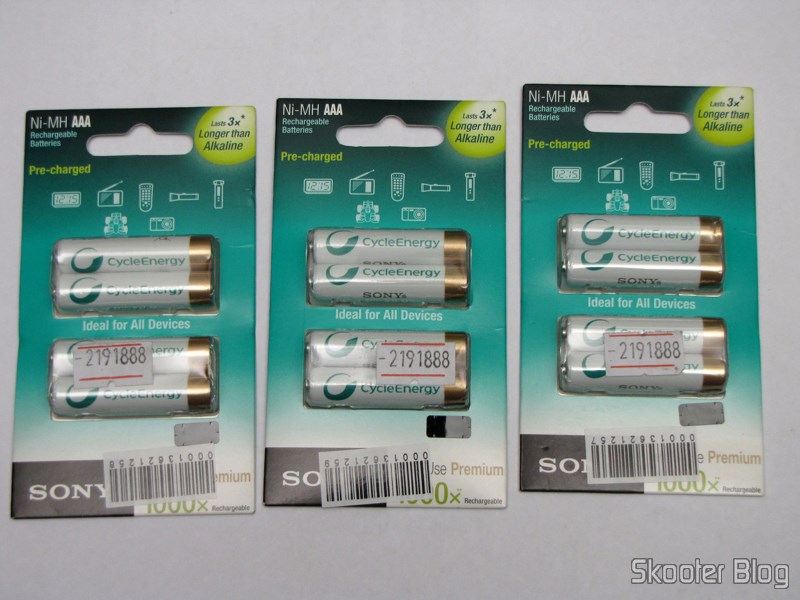 DealExtreme (DX): 3 Pacotes com 4 Pilhas Recarregáveis AAA 800mAh 1.2V Sony (Sony Rechargeable 1.2V "800mAh" AAA Batteries (4-Piece Pack)) 6 3 Pacotes com 4 Pilhas Recarregáveis AAA 800mAh 1.2V Sony (Sony Rechargeable 1.2V "800mAh" AAA Batteries (4-Piece Pack))