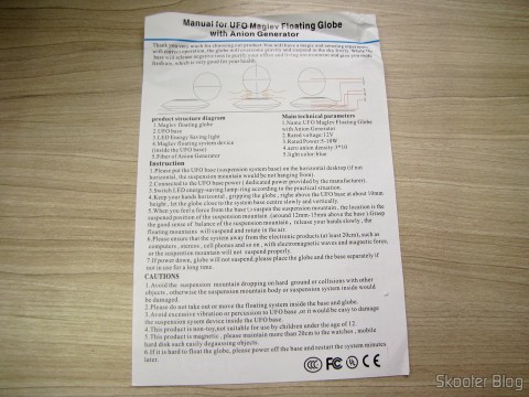 Manual de Instruções em Inglês do Globo Flutuante Maglev UFO Cheerlink 106mm c/ Gerador de Ânions (CHEERLINK 106mm UFO Maglev Floating Globe w/ Anion Generator – Blue + Black (US Plug / AC 100~240V))