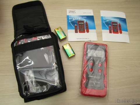 Testador de Cabos de Rede LAN, Telefone, USB, BNC e Firewire com Rastreador de Cabos e Display LCD (Network LCD LAN Cable Tester Phone Wire Tracker RJ45 RJ11 BNC USB Scanner 5E, 6E) e seus acessórios