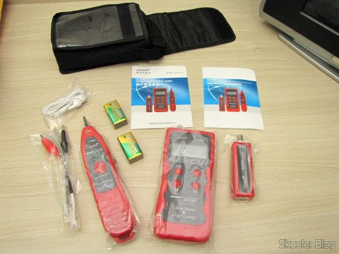 Testador de Cabos de Rede LAN, Telefone, USB, BNC e Firewire com Rastreador de Cabos e Display LCD (Network LCD LAN Cable Tester Phone Wire Tracker RJ45 RJ11 BNC USB Scanner 5E, 6E) e seus acessórios