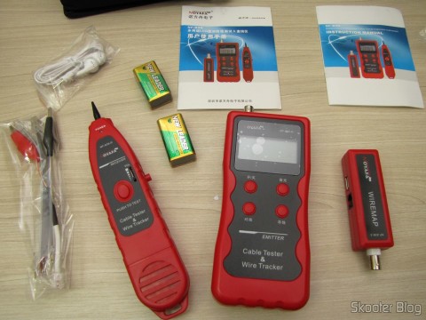 Testador de Cabos de Rede LAN, Telefone, USB, BNC e Firewire com Rastreador de Cabos e Display LCD (Network LCD LAN Cable Tester Phone Wire Tracker RJ45 RJ11 BNC USB Scanner 5E, 6E) e seus acessórios