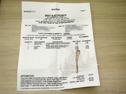 Invoice dos acessórios de Atari 2600
