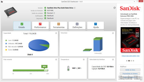 Informações do Sandisk Ultra Plus de 120GB fornecidas pelo Sandisk SSD Dashboard