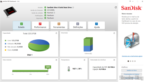 Informações do Sandisk Ultra II de 240GB fornecidas pelo Sandisk SSD Dashboard