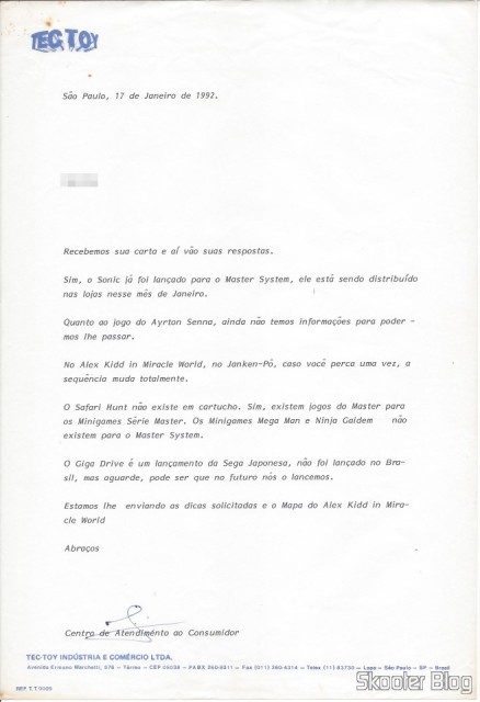 Carta da Tec Toy – 17 de Janeiro de 1992