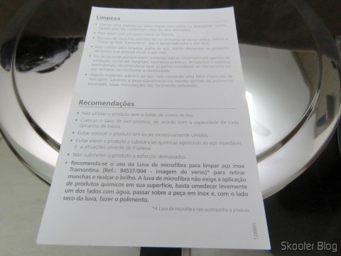 Folheto que acompanha a Lixeira de Inox com Pedal e Balde Removível 12 Litros Tramontina