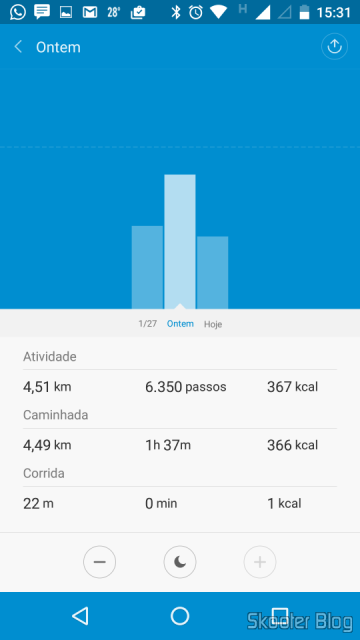 Mi Fit gera gráfico de barras das atividades por horas, dias, semanas, meses...