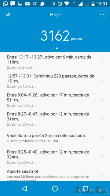 Mi Fit mostra log das atividades registradas