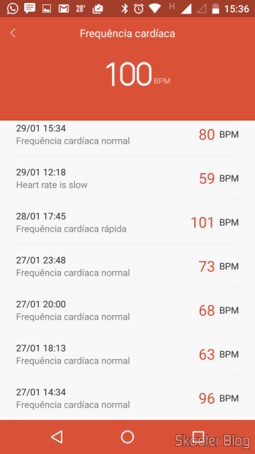 Histórico de medidas de frequência cardíaca no Mi Fit