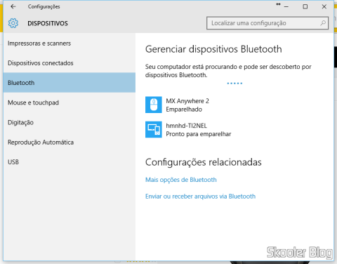 Tela de Configuração de Dispositivos Bluetooth no Windows 10