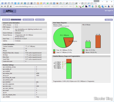 APCu em funcionamento com o W3 Total Cache no Skooter Blog