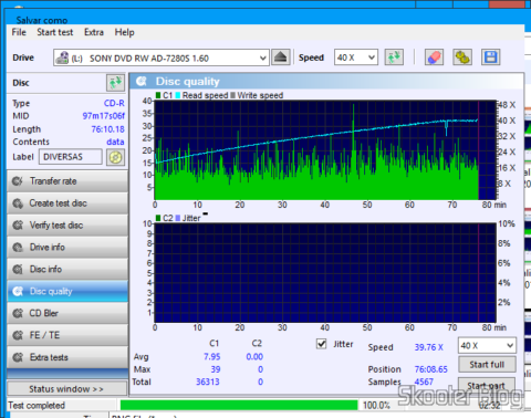 Teste de CD-R de dados gravado com o O Gravador de DVD+/-RW Sony AD-7280S