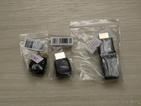 Adaptadores HDMI Angulares (em L) e Rotativo em suas respectivas embalagens