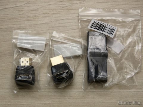 Adaptadores HDMI Angulares (em L) e Rotativo em suas respectivas embalagens