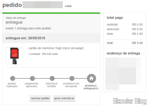 Pedido do Cartão De Memória 16Gb Micro Sd + Adaptador SD na Americanas