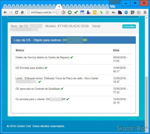 Página de Acompanhamento de Reparos da Center Cell
