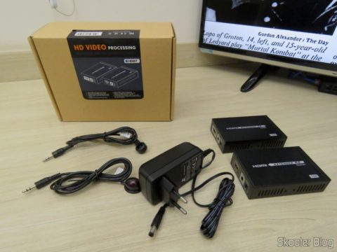 Extensor HDMI Lenkeng LKV375 HDBaseT e sua embalagem