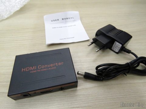Extrator de Áudio de HDMI para SPDIF e Analógico RCA Estéreo, Fonte de Alimentação e Manual de Instruções