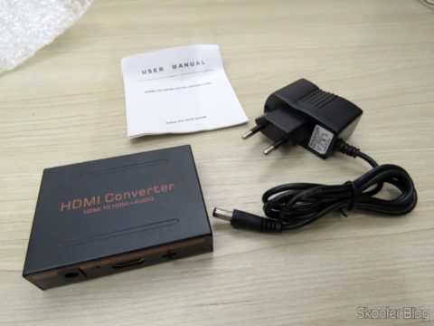 Extrator de Áudio de HDMI para SPDIF e Analógico RCA Estéreo, Fonte de Alimentação e Manual de Instruções
