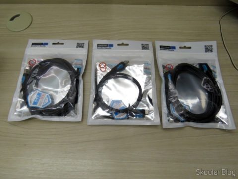 Cabos USB 3.1 Tipo C Vention para Carga e Dados 2m e 50cm em suas respectivas embalagens