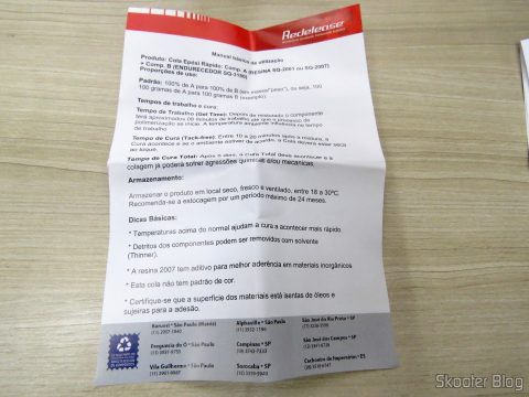 Instruções que acompanham a Super Cola Epoxi De Cura Rápida (8 Minutos)