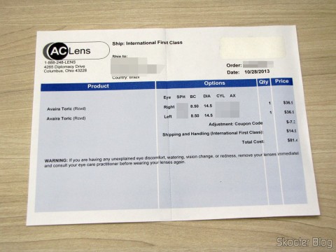 Invoice da compra na AC Lens