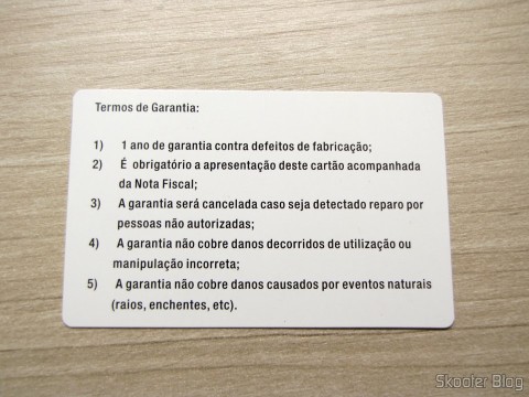 Cartão de garantia do Ekotech ZBT-670N