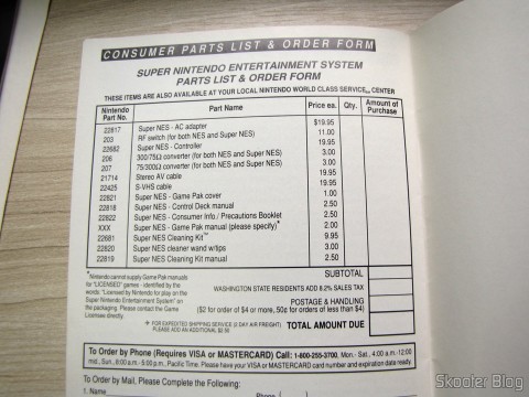 Formulário no manual do Super Nintendo para compras de itens extras ou opcionais