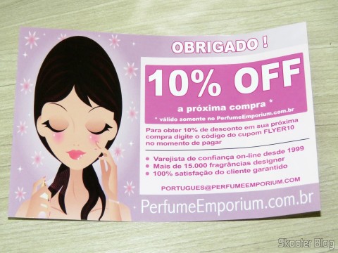 Cupom de desconto para a próxima compra oferecido pela Perfume Emporium