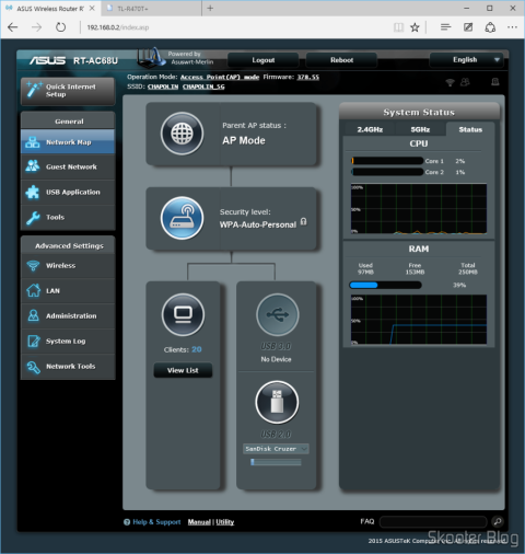 ASUS RT-AC68U Dual Band Gigabit Router 802.11ac Wireless-AC1900, em modo AP