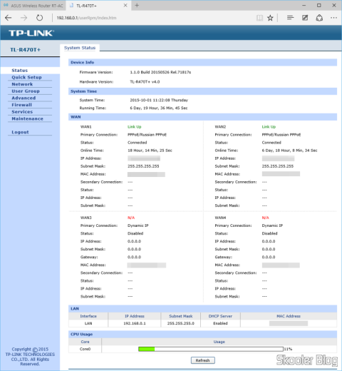 Tela de status do TP-Link TL-R470T+ Load Balance Broadband Router