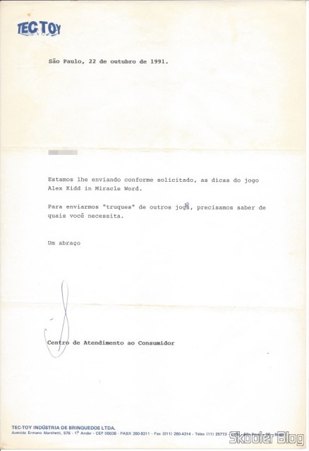 Carta da Tec Toy redigida em 22 de Outubro de 1991 em resposta à minha primeira carta à eles