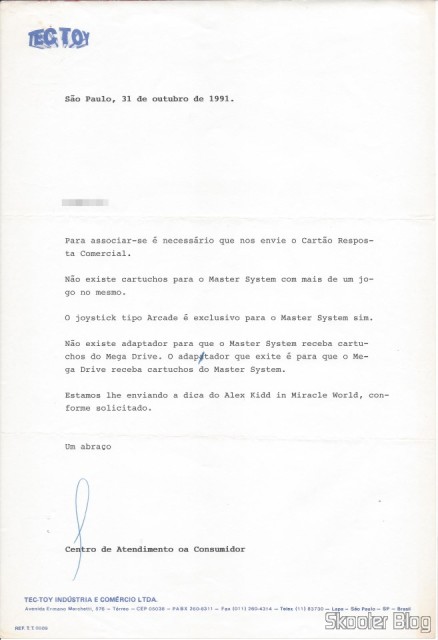 Carta da Tec Toy - 31 de Outubro de 1991