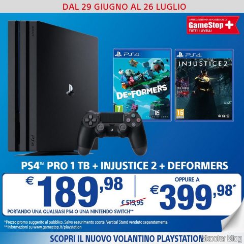 Promoção da GameStop da Itália: Playstation Pro + Injustice 2 + Deformers por 399,98 Euros.
