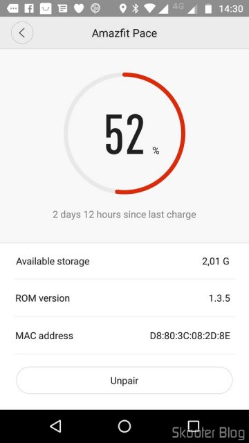 Tela de informações do Amazfit Watch.