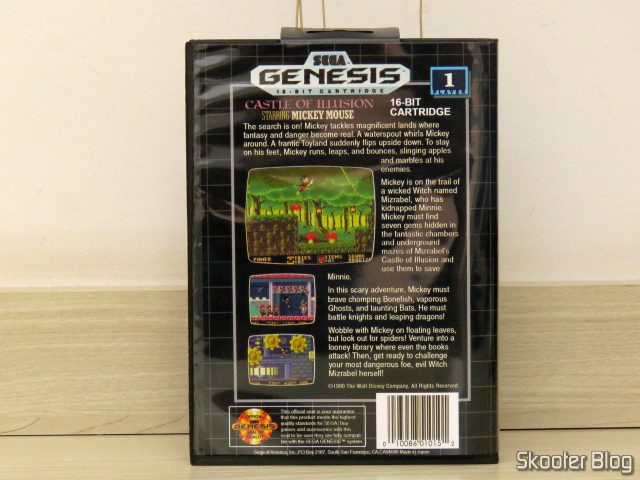 Cartucho de Mega Drive da AliExpress: Castle of Illusion starring Mickey Mouse, em sua caixinha.