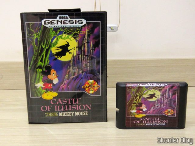 Cartucho de Mega Drive da AliExpress: Castle of Illusion starring Mickey Mouse, e sua caixinha.Cartucho de Mega Drive da AliExpress: Castle of Illusion starring Mickey Mouse, e sua caixinha.