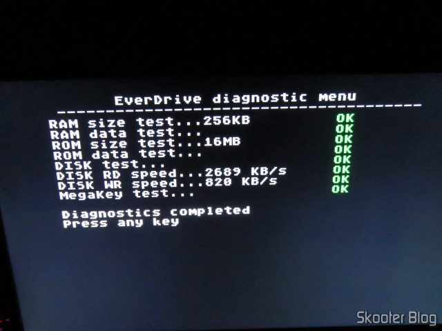 Menu de diagnósticos do Mega EverDrive X7 - Deluxe Edition.
