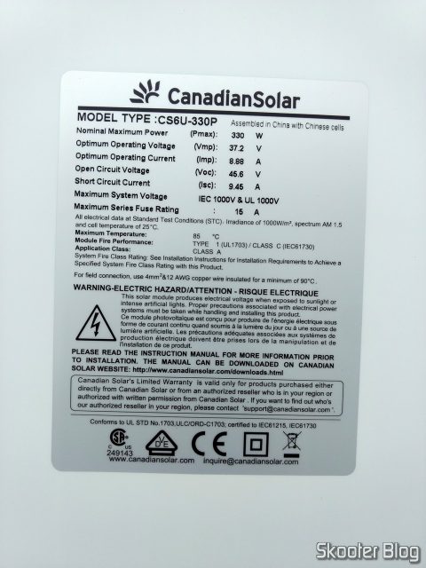 Ficha técnica dos painéis solares.