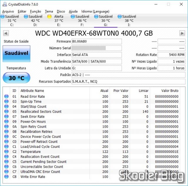 HDD Western Digital 3.5" Red, modelo WD40EFRX de 4TB no CrystalDiskInfo.
