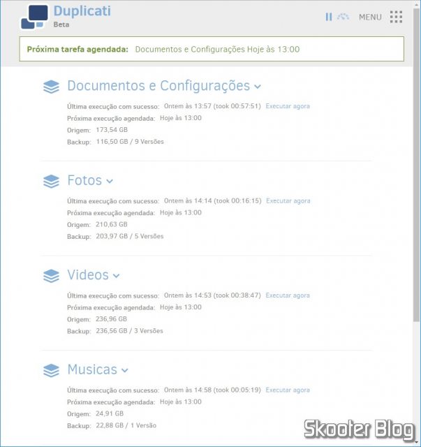 Interface do Duplicati, acessada via Web.