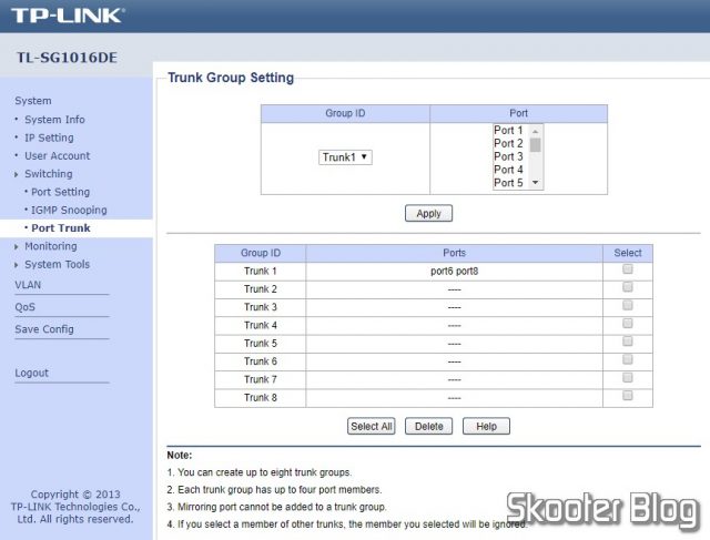 Configuração do Switch TP-Link TL-SG1016DE para agregar portas.