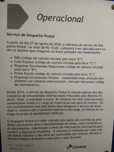Suposta comunicação interna do Correios informando sobre a nova cobrança.