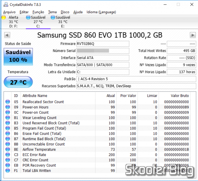 Samsung 860 EVO 1TB 2.5 Inch SATA III Internal SSD (MZ-76E1T0B/AM) no CrystalDiskInfo.