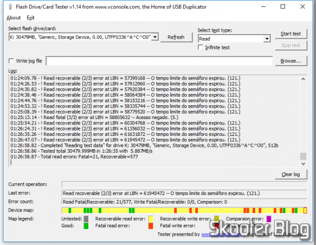 Teste do Sandisk microSDHC Ultra UHS-1 32GB falsificado no Flash Drive/Card Tester com o leitor de cartões do meu PC.