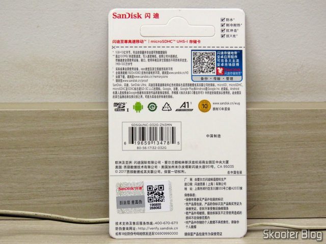 Sandisk microSDHC Ultra UHS-1 32GB falsificado, em sua embalagem.