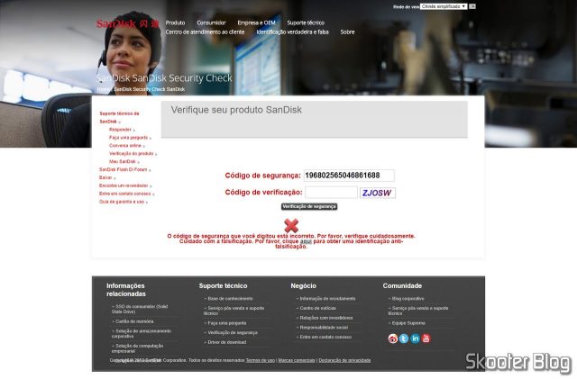 O Sandisk microSDHC Ultra UHS-1 32GB falsificado falhou no teste do código de verificação da Sandisk (traduzido).