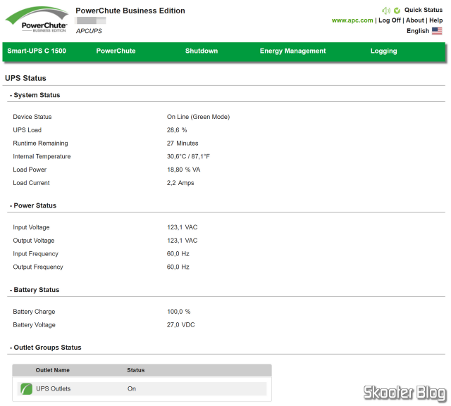 Tela de status do PowerChute Business Edition.