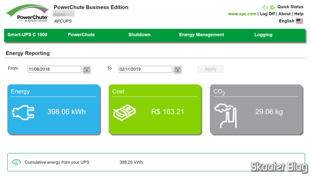 Total de energia consumida, carbono emitido e custo. O custo depende de inserir o valor do kWh nas configurações. Boa sorte calculando isso nessa zona que é a cobrança no Brasil, cheio de impostos em cascata e bandeiras tarifárias.